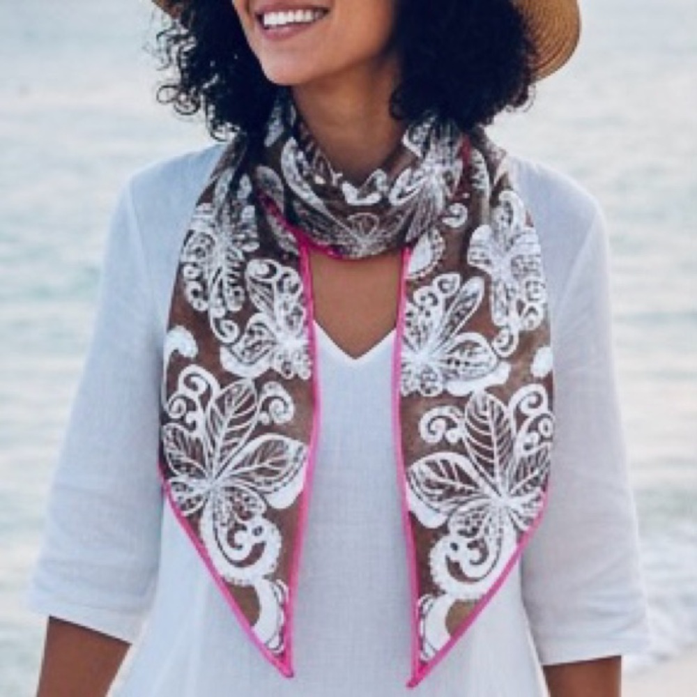 Tropical Hawaiian Brown White Paisley Print Hot Pink Accent Chiffon Sheer Scarf